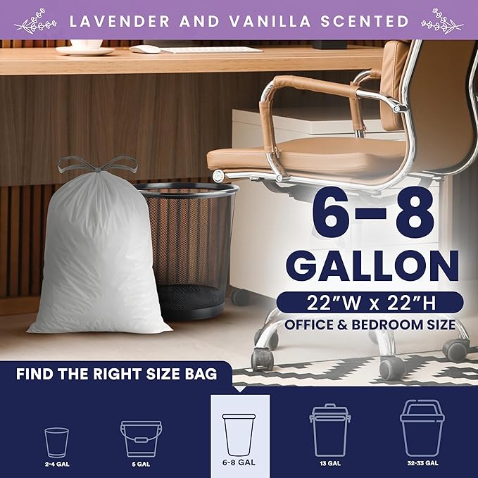 Plasticplace 8 Gallon Trash Bags │ 0.7 Mil │ Lavender and Soft Vanilla Scented