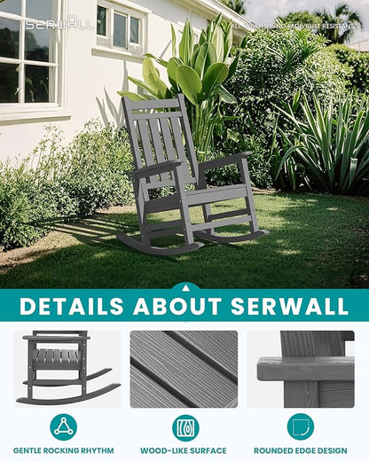 SERWALL Oversized Outdoor Rocking Chair Set of 2, HDPE Rocker for Adults, Patio Rocking Chairs for Porch, Grey