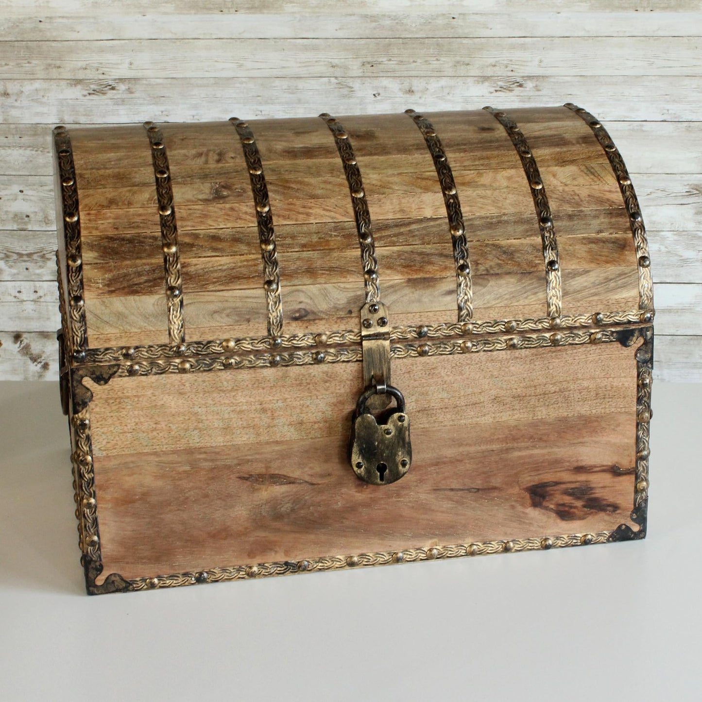 Nautical Cove Antique Finish Wood Treasure Chest with Decorative Rivets and Reinforcing Iron Strips with Lock and Skeleton Keys (Light Antique, X-Large 16x12x12) - Wooden Keepsake Box, Storage Chest