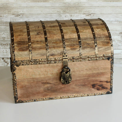 Nautical Cove Antique Finish Wood Treasure Chest with Decorative Rivets and Reinforcing Iron Strips with Lock and Skeleton Keys (Light Antique, X-Large 16x12x12) - Wooden Keepsake Box, Storage Chest