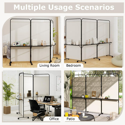 Giantex 3 Panel Room Divider with Wheels and Shelves, 103" W x 74" H Folding Privacy Screen, Rolling Partition Separator for Home Office Studio, Fabric Wall Divider for Room Separation (Beige)