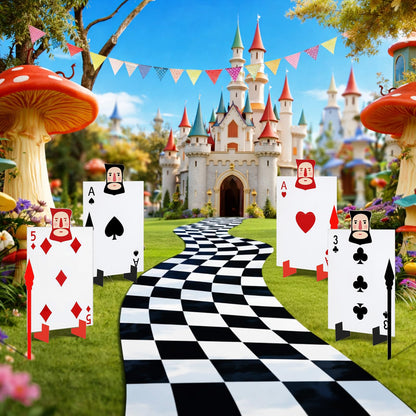 Cinnvoice Wonderland Tea Party Decoration, 4 Giant Queen's Soldiers Poker Sign with 8 Stakes 4 Spears, Large Checkered Floor Runner, Yard Lawn Garden Indoor Outdoor Decor for Birthday Poker Party