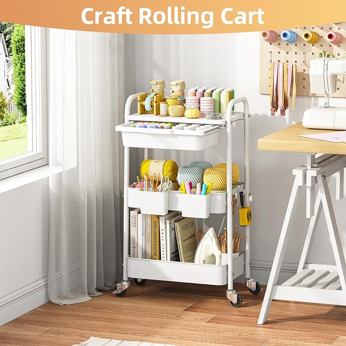 3 Tier Metal Rolling Utility Cart with Drawer & Lockable Wheels - Heavy Duty Multifunctional Storage Organizer with 2 Cups and 4 Hooks for Bathroom, Kitchen, Snack, Craft, Makeup, Baby Essentials