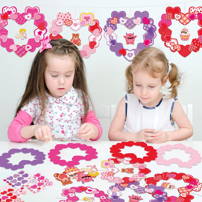 Lonfliness 24 Sets Valentines Wreath Craft for Kids DlY Hanging Decor Valentine's Day Heart Paper Wreath Craft Ornament with Heart Stickers Valentines Party Supplies for School Classroom Activities