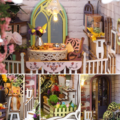 TuKIIE DIY Book Nook Miniature Kit, Booknook Dollhouse Bookshelf Insert with Sensor Light & Dust Proof, Wooden Decorative Bookend Stand Model Kits for Kids Teens Adults(Flower House)