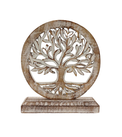 VANIYA CRAFTS® Wooden Tree of Life Table Sculpture – Handmade Carved Engraved Decor Statue for Living Room, Bedroom, Office, Shelf, or Cabinet (Antique White)