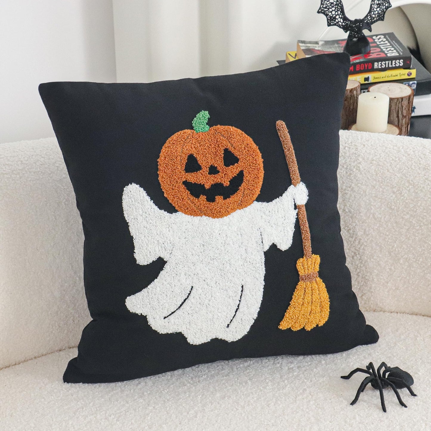 Jonhier Halloween Black Throw Pillow Cover, Embroidered Pumpkin Ghost Decorative Cushion Case for Sofa Bed Patio, Textured Pillowcase Thanksgiving Fall Decor Indoor Outdoor (Pumpkin Man, 18” x 18”)