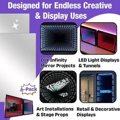 4 Pcs 12 x 12 Inch Acrylic Two Way Mirror Sheets, 30% Transparent See Through Panels for Infinity Mirror Effect, DIY Art and Creative Light Projects