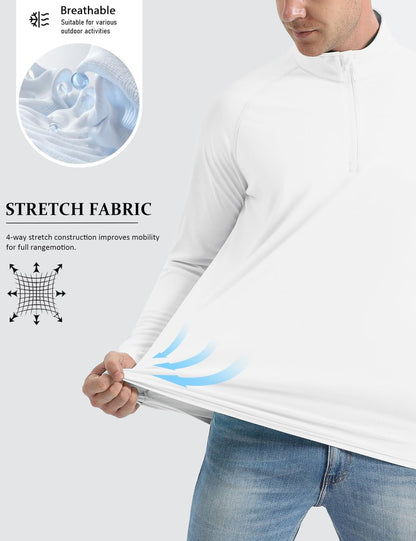 Mens Sun Shirts Quarter Zip Pullover UPF 50+ Fishing Long Sleeve Rash Guard Shirt White