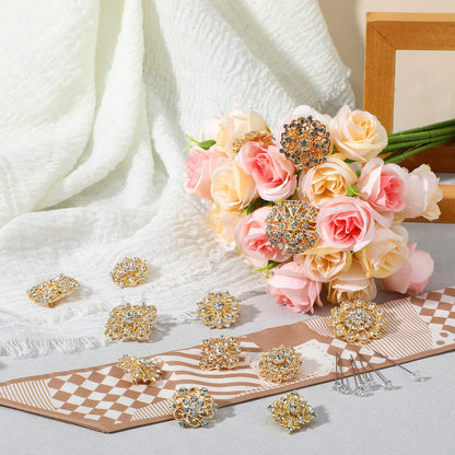 Gold Bouquet Pins Set, 36 PCS Rhinestone Flower Brooches & 100 PCS Crystal Stick Pins for Wedding Bouquet, Corsage, Boutonniere, DIY Craft Embellishments, Wedding Decor Supplies