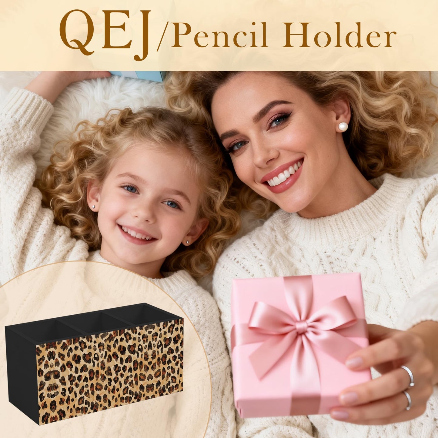 QEJ Leopard Print Pen Holder for Desk, Cheetah Print Room Decor, Cheetah Animal Wooden Box Pencil Pen Organizer for Home Office Desk Tabletop