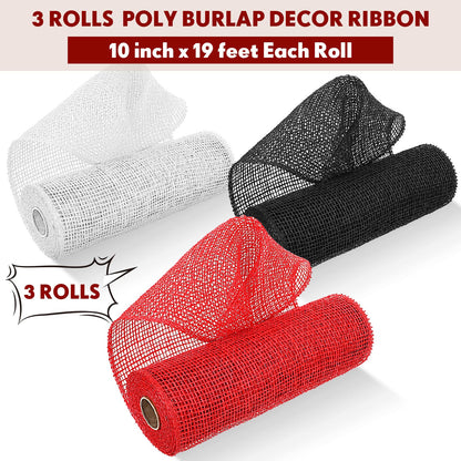 Chuangdi 3 Rolls Poly Burlap Deco Mesh 10 Inch Black White Red Deco Poly Decorative Mesh Ribbon Wrapping Ribbon Rolls for Home Door Wreath Decoration DIY Crafts Making