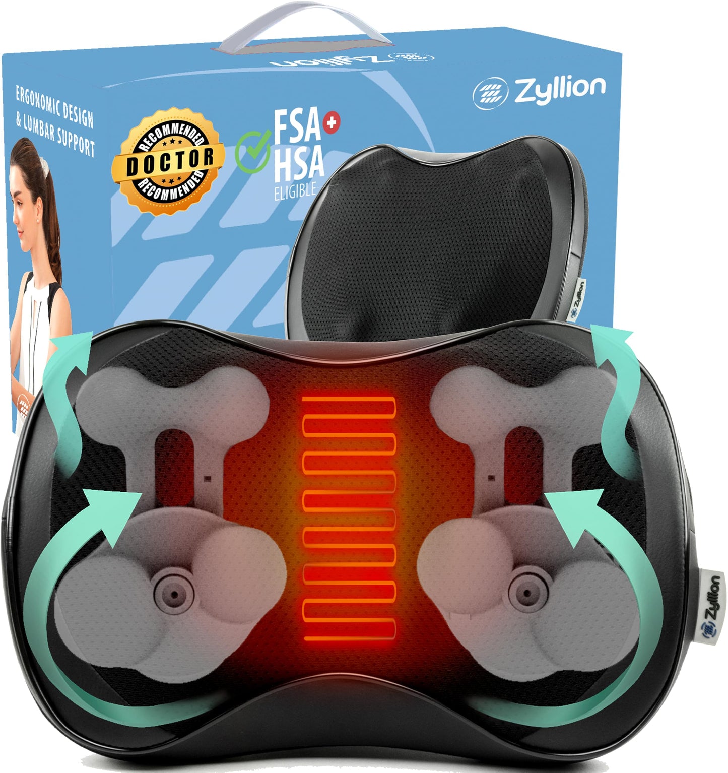 Zyllion Shiatsu Back and Neck Massager with Heat (FSA HSA Eligible) 3D Kneading 8-Node Electric Deep Tissue Massage Pillow for Muscle Pain Relief, Arthritis, Sciatica on Shoulder, Leg, Foot ZMA-25