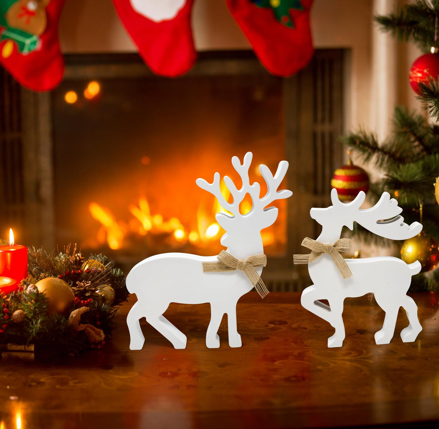 Gift Boutique - Set of 2 Wooden Christmas Reindeer Table Decorations Centerpiece Holiday Rustic White Wood Reindeers Figurine Tiered Tray Tabletop Sign Decor for Office, Room, Home Xmas Party Supplies