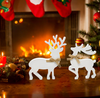Gift Boutique - Set of 2 Wooden Christmas Reindeer Table Decorations Centerpiece Holiday Rustic White Wood Reindeers Figurine Tiered Tray Tabletop Sign Decor for Office, Room, Home Xmas Party Supplies
