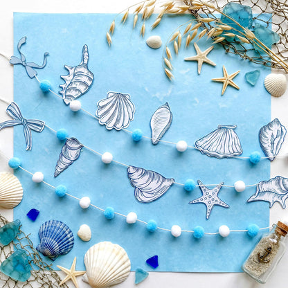 Frienda 3 Pcs Seashell Blue and White Felt Ball Garland Pom Pom Banner Carnival Themed Felt Ball Decoration for Backdrop Birthday Luau Mexican Tropical Party Christmas Decoration