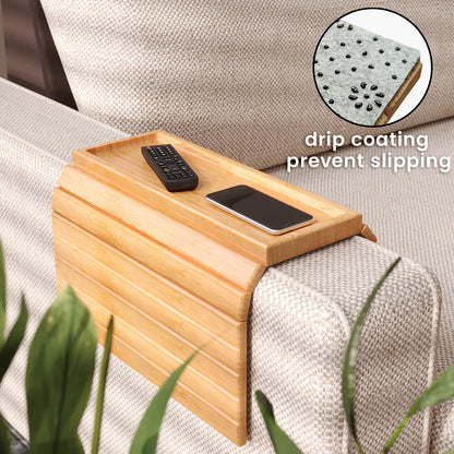 Danfoxer 2 Pack Sofa Arm Tray,Bamboo Folding Couch Arm Tray,Sofa Armrest Tray with Anti-Slip Pad for Drinks,Snacks,Phone,Remote Control（Natural）