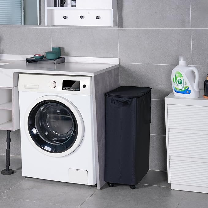 Slim Laundry Hamper with Lid and Wheels, Small Rolling Laundry Basket with
