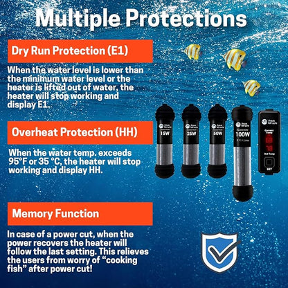 AquaMiracle Upgraded 100W Small Aquarium Heater Fish Tank Heater Turtle Heater Super Mini Aquarium Heater, Dry-Run/Overheating Protection and Memory Function, Dual LED Display, for 10-20 Gal Tanks