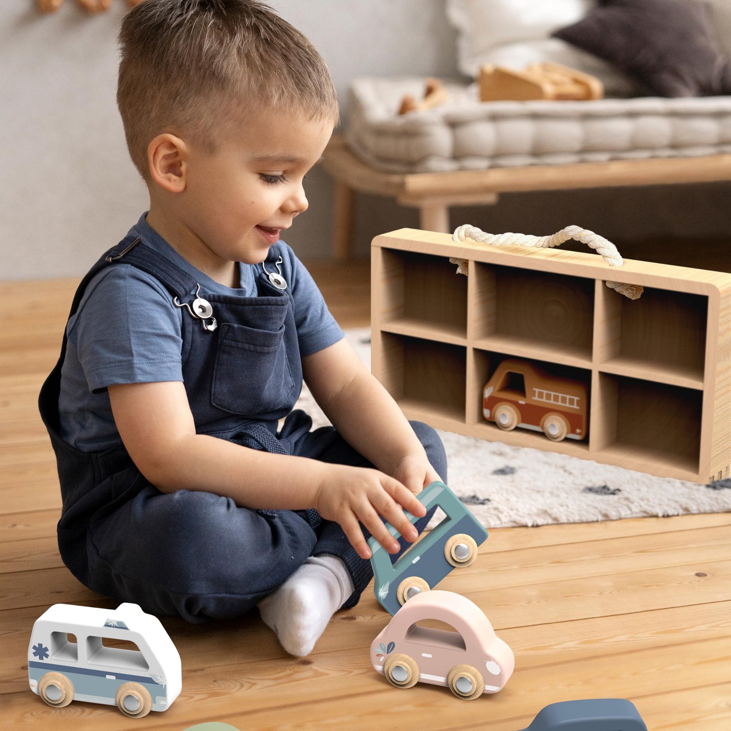 SPEEDY MONKEY Wooden Toy Cars Set for Pretend Play | 6-Piece Kids Vehicle Set with Wooden Storage Case | Includes Fire Truck, Ambulance & Colorful Mini Cars for Kids Ages 3+