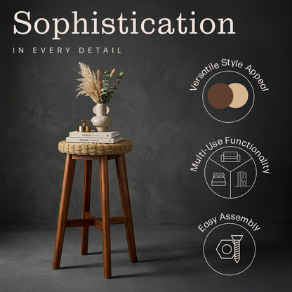Alaterre Furniture Calais Round Bar Stool with Woven Seat - 24in Counter Height Bar Stools Backless for Kitchen, Bar or Dining Room - Wooden Barstool (Chestnut Finish)