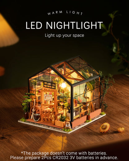 Rolife DIY Miniature House Kit, Cathy's Greenhouse Miniature Dollhouse with LED 1:18 Tiny/Mini House Making Kit Crafts Diorama Gifts Home Decor for Adults