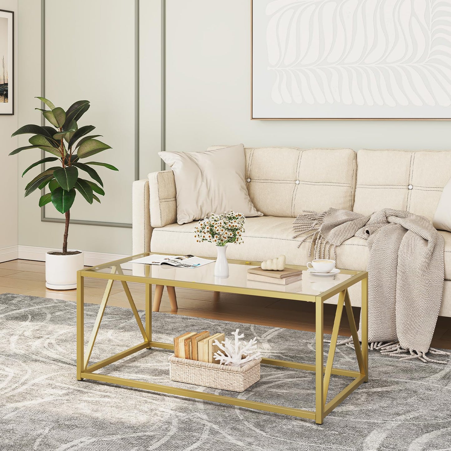 HOOBRO Glass Coffee Table, Gold Coffee Tables for Living Room, Gold Glass Coffee Table,1 Layer Center Table, Modern, for Apartment, Office, 39.4 x 19.7 x 17.7 Inches, Easy Assembly, Golden GD04KF01