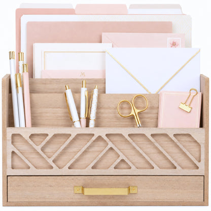 BLU MONACO | Wooden Mail Organizer with Drawer and Gold Handle | Outgoing Mail Holder and Letter Sorter for Desk | Natural Wood Desktop Paper Organizer