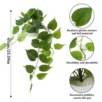 WucaFl Fake Pothos Hanging Plant – Artificial Plastic Ivy Vines with White Pot, Realistic Faux Greenery for Indoor Home Office Bathroom Shelf Cabinet Decoration