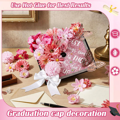 Dunzoom 40 Pcs DIY Graduation Cap Decorations Kit Artificial Flowers Inspirational Cardstock 3D Butterfly Stickers Ribbon Bow Rhinestone Stickers for Grad Cap Topper Graduation Party(Pink)