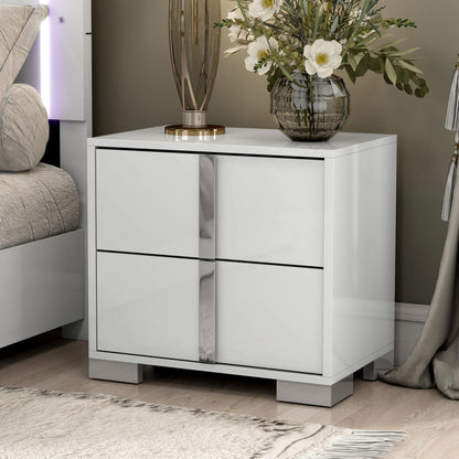 Furniture of America Alistair Modern Wood Nightstand with 2 Drawers and Vertical Chrome Handles, Large Bedside Table, Wooden Night Stand for Bedroom, Guest Room, Dorm, No Assembly Needed, White