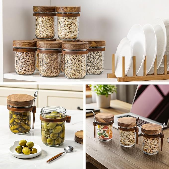 4 Pack Overnight Oats Containers with Wooden Lids and Spoons, 16oz Glass Mason Overnight Oats Jars with Lids, Large Capacity Airtight Jars for Milk, Cereal, Fruit