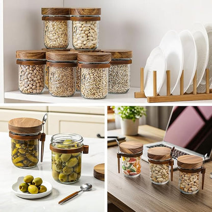 4 Pack Overnight Oats Containers with Wooden Lids and Spoons, 16oz Glass Mason Overnight Oats Jars with Lids, Large Capacity Airtight Jars for Milk, Cereal, Fruit