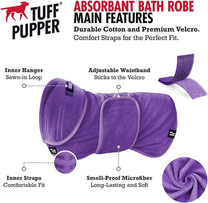 Tuff Pupper Fast Drying Dog Bath Robe | 800 GSM Plush Dog Towel Bathrobe/Dressing Gown | Super Absorbent Pet/Puppy Bathrobe | Adjustable Hood & Belly Strap | Super Soft | Fast Drying (L, Purple)