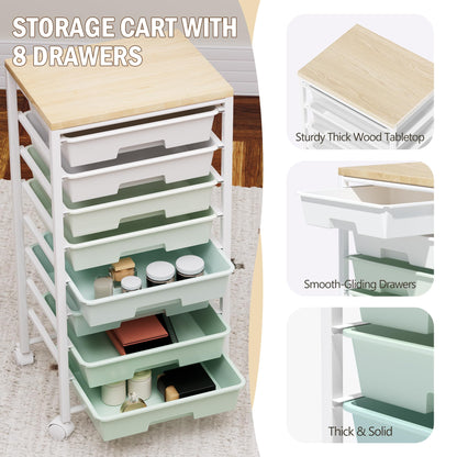 Rolling Cart with 8 Drawers, Storage Drawers Cart with Wooden Tabletop and Lockable Wheels, Craft Storage for Living Room, Office, Classroom, Craft Room, Bedroom