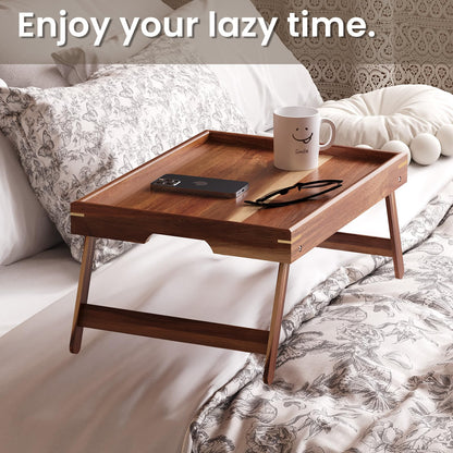 Fibogollo 2 Pack Acacia Wood Bed Tray Table with Folding Legs,Breakfast Trays,Serving Tray for Food and Snack,Laptop Trays for Working(Natural)