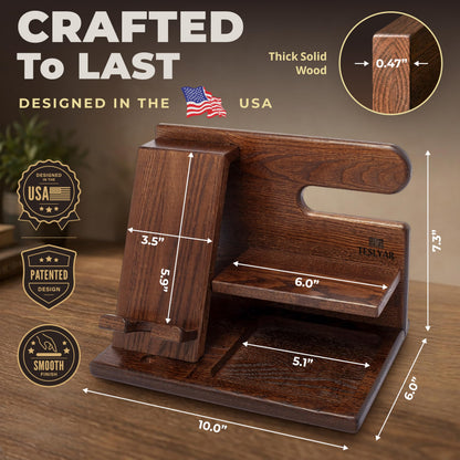 TESLYAR Wood Phone Docking Station for Men - Desktop or Nightstand Organizer - Birthday Gifts for Men, Dad - Anniversary Idea from Wife - Key Holder, Stand Wallet, Watch & Essentials (Bourbon Brown)