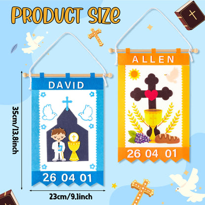 WATINC First Communion Banner Kit - 2 Pack DIY 1st Holy Communion Felt Banner Craft Decoration for Boys, Make Your Own Blue Baptism Christian Cross Hanging Decor for Sunday School (Baptism Ceremony)