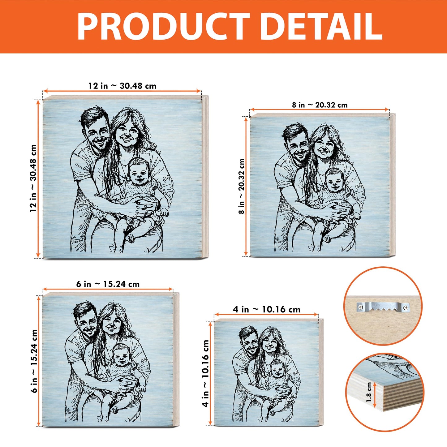 Personalized Sketch Photo Wooden Block Sign, Custom Hand Drawn Family Portrait from Photo, Meaningful Keepsake Shelf Sitter Home Decor Gift for Parents Grandparents