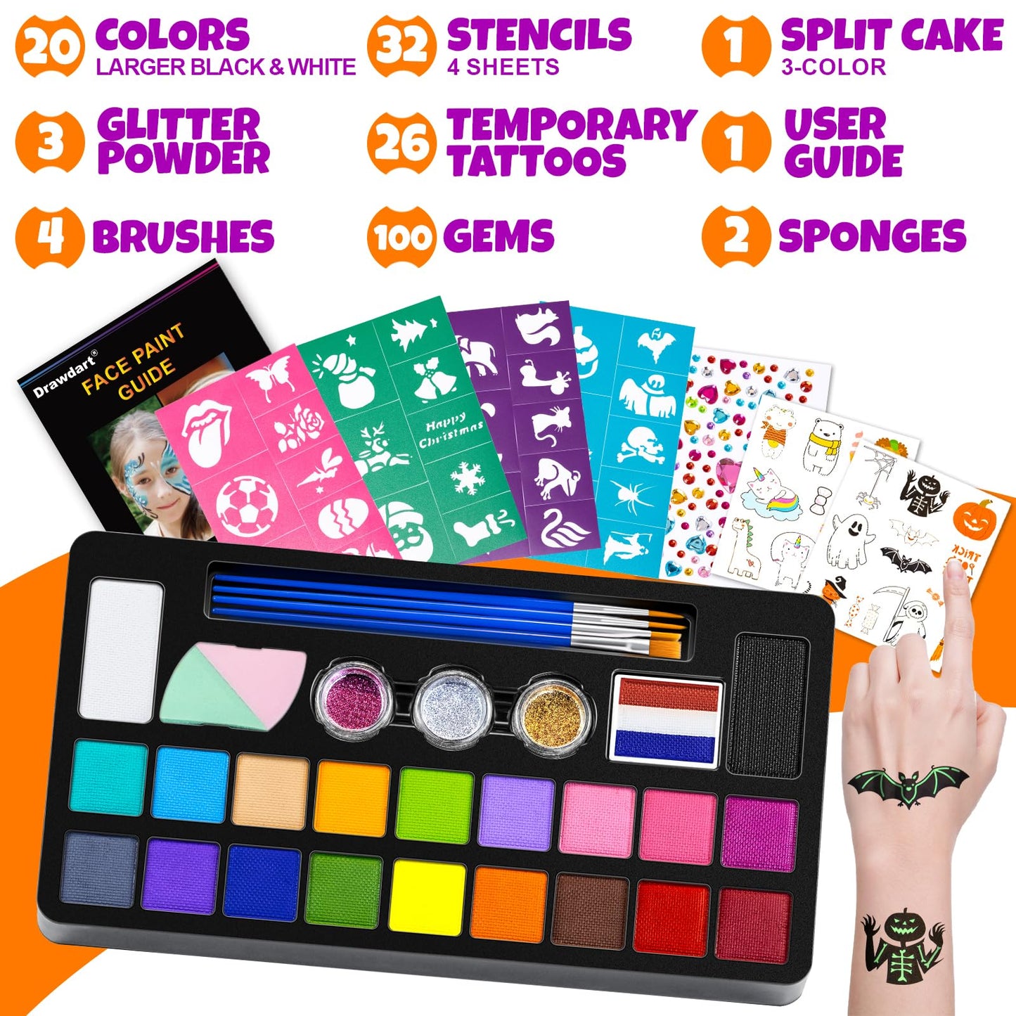 Drawdart Face Painting Kit for Kids - 20 Colors Water Based Non-Toxic Paint With Stencils & Brushes - Professional Body Makeup Kit for Parties, Birthdays, Halloween