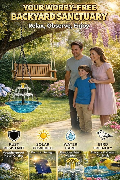Solar Cascade Hanging Bird Bath Fountain, 2026 New Outdoor Hanging Bird Bath with Solar Fountain, Large Humming Birds Baths Fountains, with Solars Pump & Glass Bowl, for Outdoor, Gardens (#2)