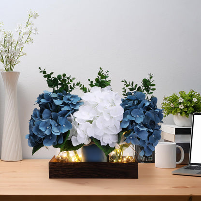 Suncalla 3 Pcs Blue Hydrangea Centerpiece for Table Artificial Hydrangea Flowers with LED Light Mason Jar Wood Tray Eucalyptus Stems Blue Table Decor for Coffee Wedding Kitchen Dining Living Room