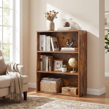 Alpen Bookshelf, 3 Shelf Bookcase Floor Standing Shelves for Bedroom, Short Bookshelf with Storage Adjustable Bookshelf Furniture for Home Office, Living Room, Nursery, Rustic Brown
