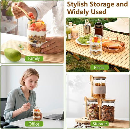 Glass Overnight Oats Containers with Lids and Spoons, 4 Pack 16oz Over Night Oats Jars with Secure-Grip Bands, Borosilicate Glass Salad Jars for Yogurt, Chia Pudding, Breakfast Oatmeal, Parfait
