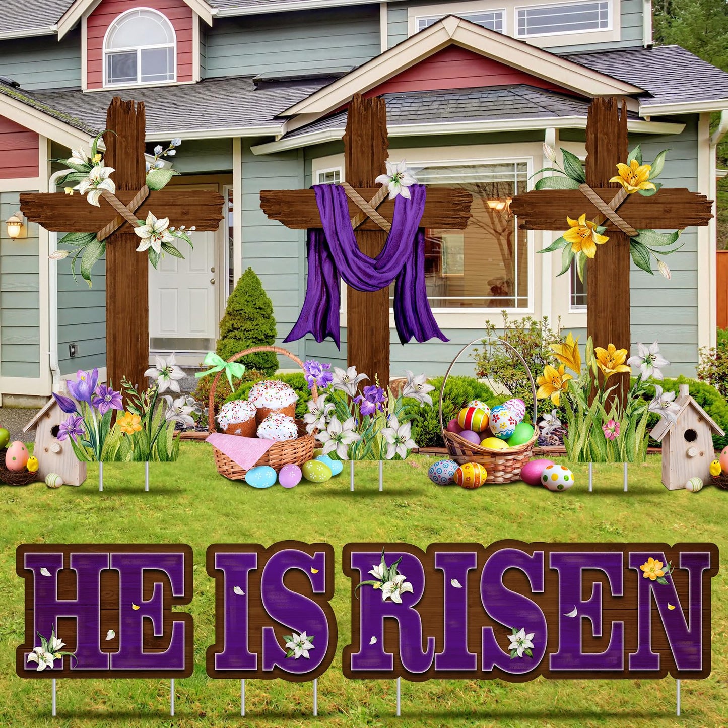 Menkxi 14 Pcs Easter Large Yard Sign Holiday Outdoor Lawn Decorations Religious He Is Risen Easter Yard Decor with Stakes Spring Cross Sign for Lawn Pathway Garden Christian Holiday Party Decor