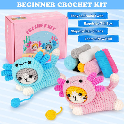 Crochet Kit for Beginners, Crochet Starter Kits for Adults Kids, Cat Dress in Axolotl Crochet Kit, Complete Crochet Animal Kit with Step-by-Step Video Tutorials, Gifts for Crocheting Lovers