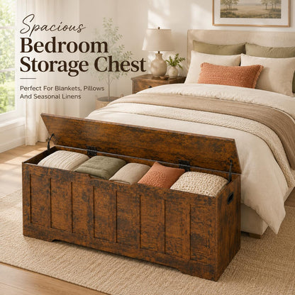 Simple Deluxe 47.2" Storage Chest for Bedroom, Extra Large Wooden Storage Trunk with 2 Safety Hinges, Entryway Storage Bench, Blanket Chest and Storage Benches for Living Room, Hallway, Brown