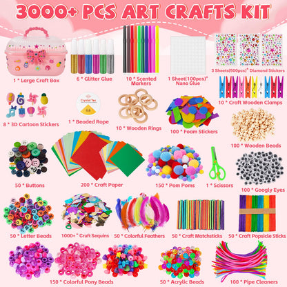 VERYHDSN Arts and Crafts Supplies for Kids-3000+ Pcs DIY Arts & Craft Kit for Boys Girls Ages 4 5 6 7 8 9 10 11 12, 25+Types Craft Materials Bulk, Larage Craft Box Set, Fun&Creative Gift