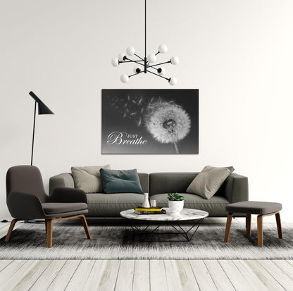 SKASNFAI Just Breathe Wall Art Zen Office Wall Decor Inspirational Yoga Quotes Positive Relax Artwork Picture Black and White Dandelion Posters Print for Meditation Room (12L x 16W)