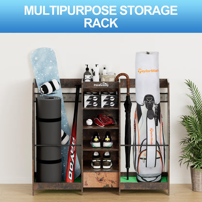 Ponsonbay Golf Bag Storage Organizer for Garage, Premium Wooden 2 Golf Bags Rack with Drawer, Easy Assemble Golf Club Stand/Holder Suitable for Garage Home Simulator and Office (Retro)